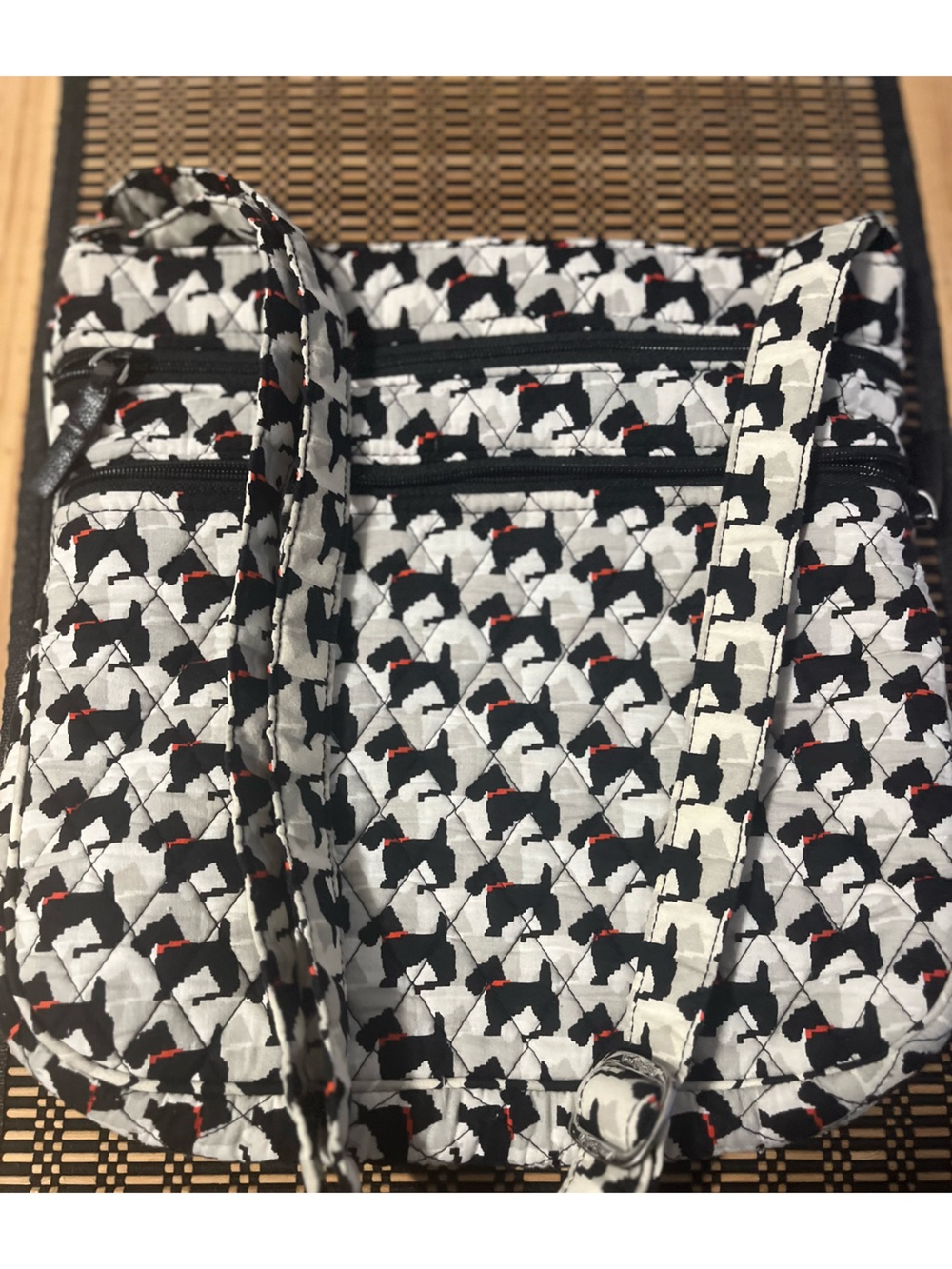 Quilted Crossbody Tote with Dog Pattern - Black & White with Red Accents